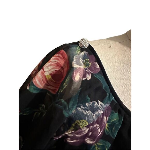 Vintage Blouson Style Black Semi Sheer Layered Floral Dress Rhinestone Size M - Picture 3 of 16
